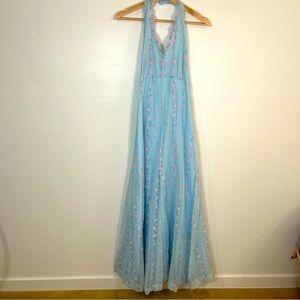 Vintage dainty daisy blue halter maxi prairie dress
